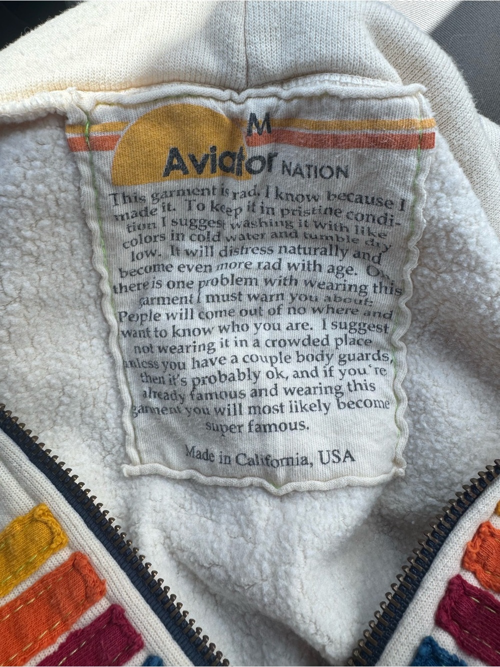 Aviator Nation 5 Stripe Zip Hoodie in Vintage White Size M EUC - Picture 5 of 9